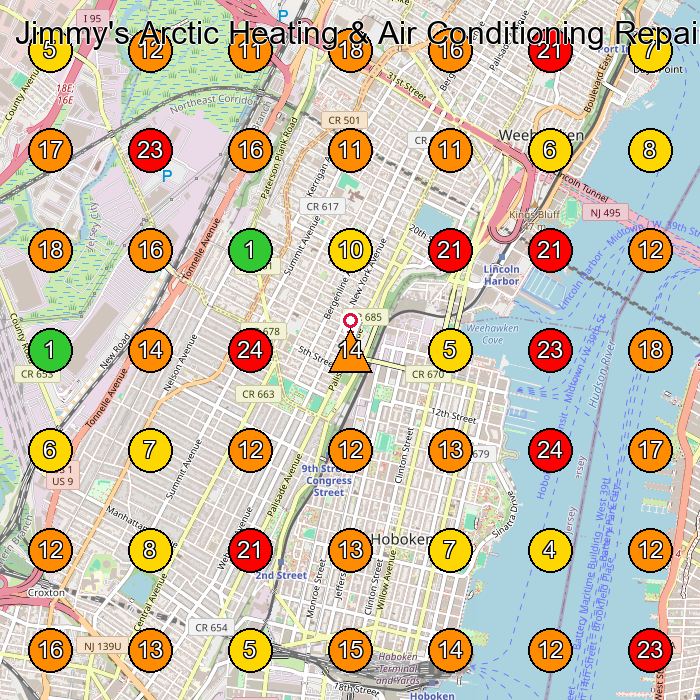 Jimmy's Arctic Heating & Air Conditioning Repair Air Conditioning Contractor GeoGrid ranking map for Hoboken NJ